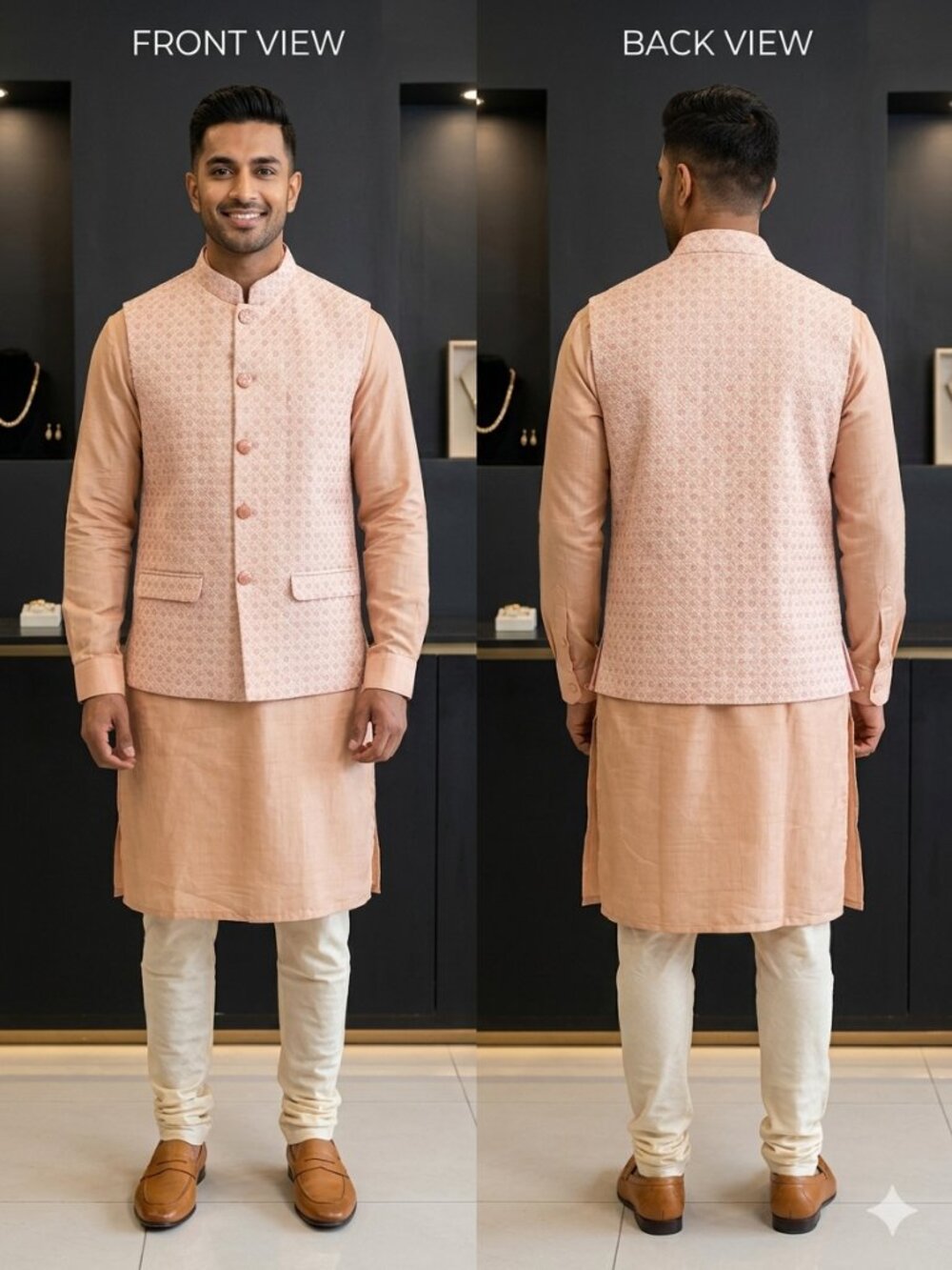 Peach Rose Gold Nehru Jacket with Kurta